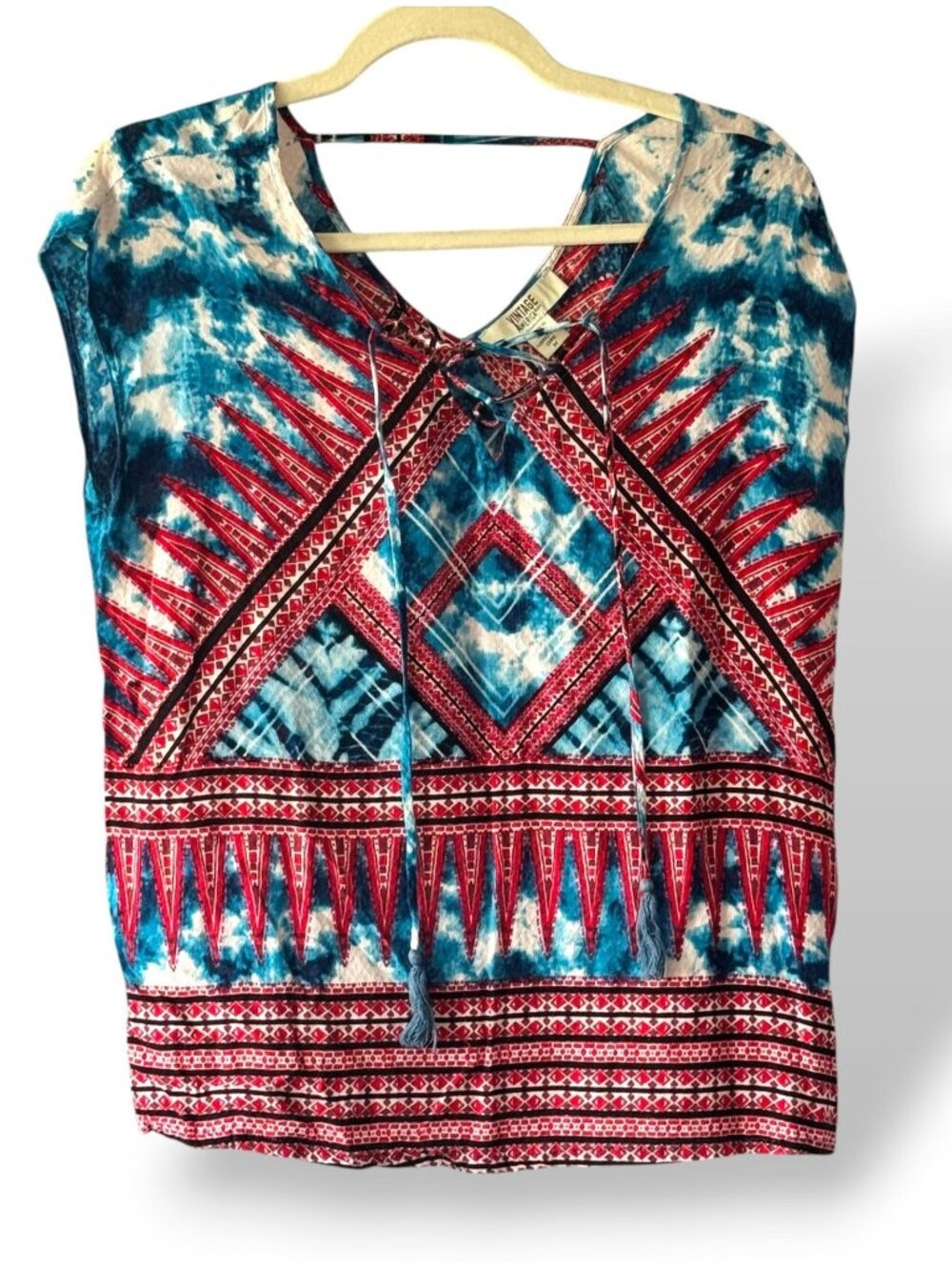 Vintage America Blues Sleeveless Top Tie Dye & Geometric Print - M